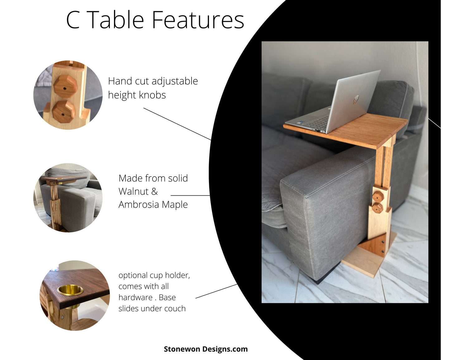 Adjustable Height C Table, Solid Wood TV Tray Table | Multifunctional Furniture | Multiuse Sofa Arm Rest Table for Laptop & Work Table